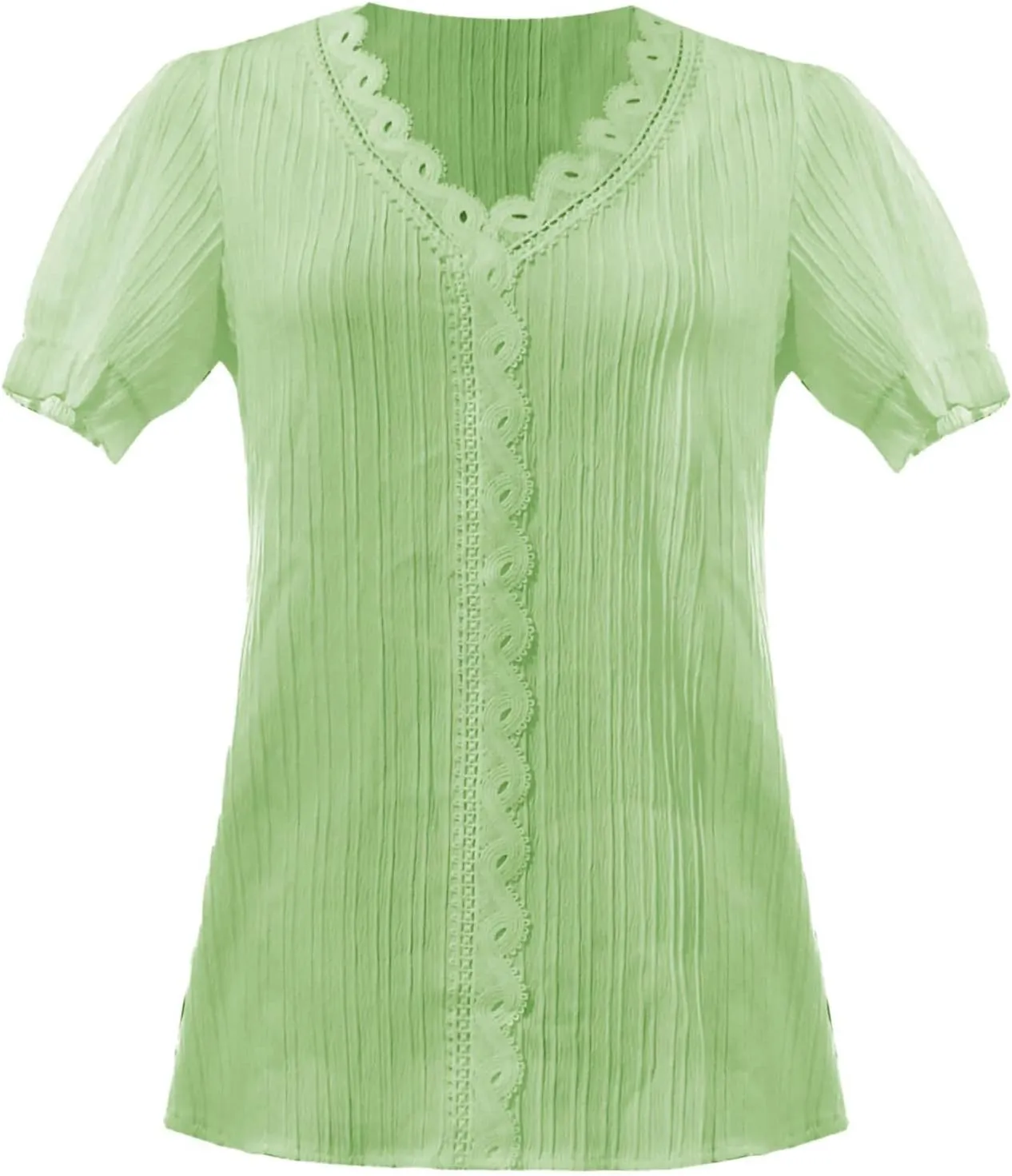 Summer Tops for Women Plus Size Trendy Lace V Neck T Shirts Puff Short Sleeve Tshirt Dressy Casual Plain Work Blouse