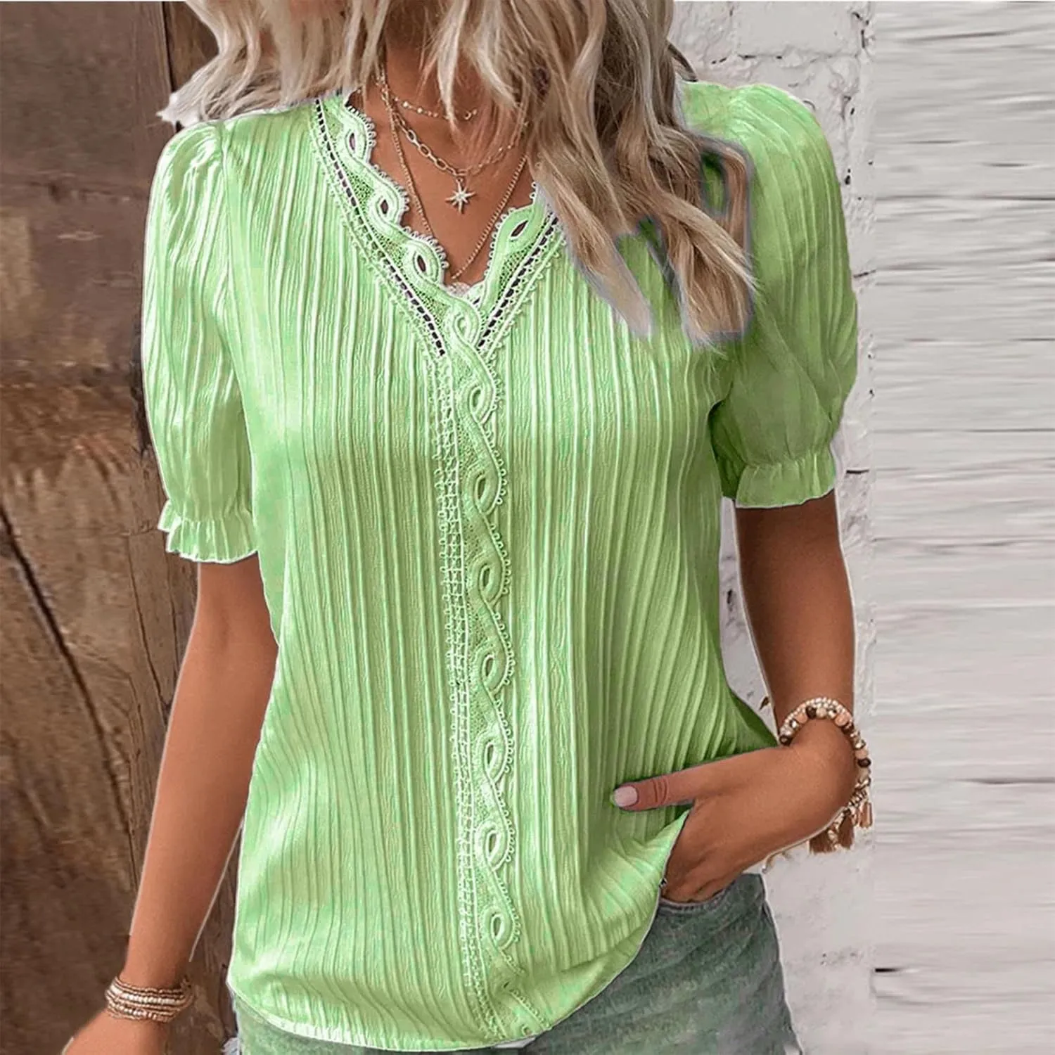 Summer Tops for Women Plus Size Trendy Lace V Neck T Shirts Puff Short Sleeve Tshirt Dressy Casual Plain Work Blouse