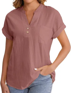 Summer Tops for Women Trendy 2025 Cotton Linen Button Down T-Shirts V Neck Short Sleeve Blouses Casual Tunic Outfits