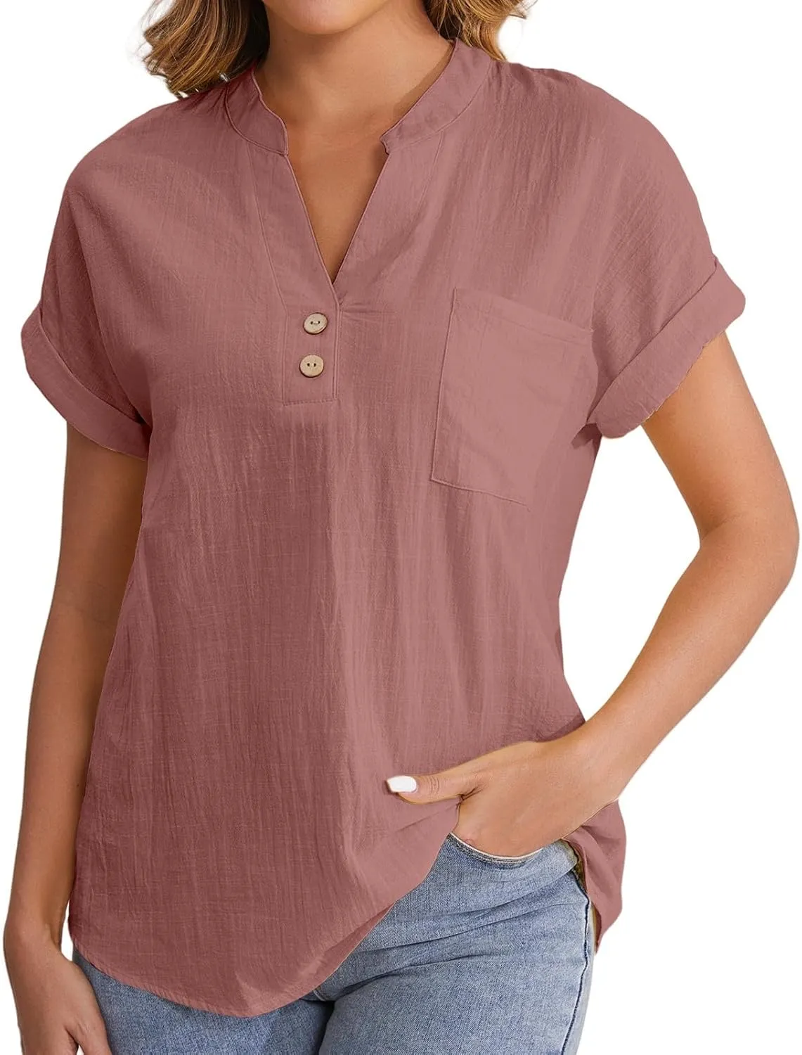Summer Tops for Women Trendy 2025 Cotton Linen Button Down T-Shirts V Neck Short Sleeve Blouses Casual Tunic Outfits
