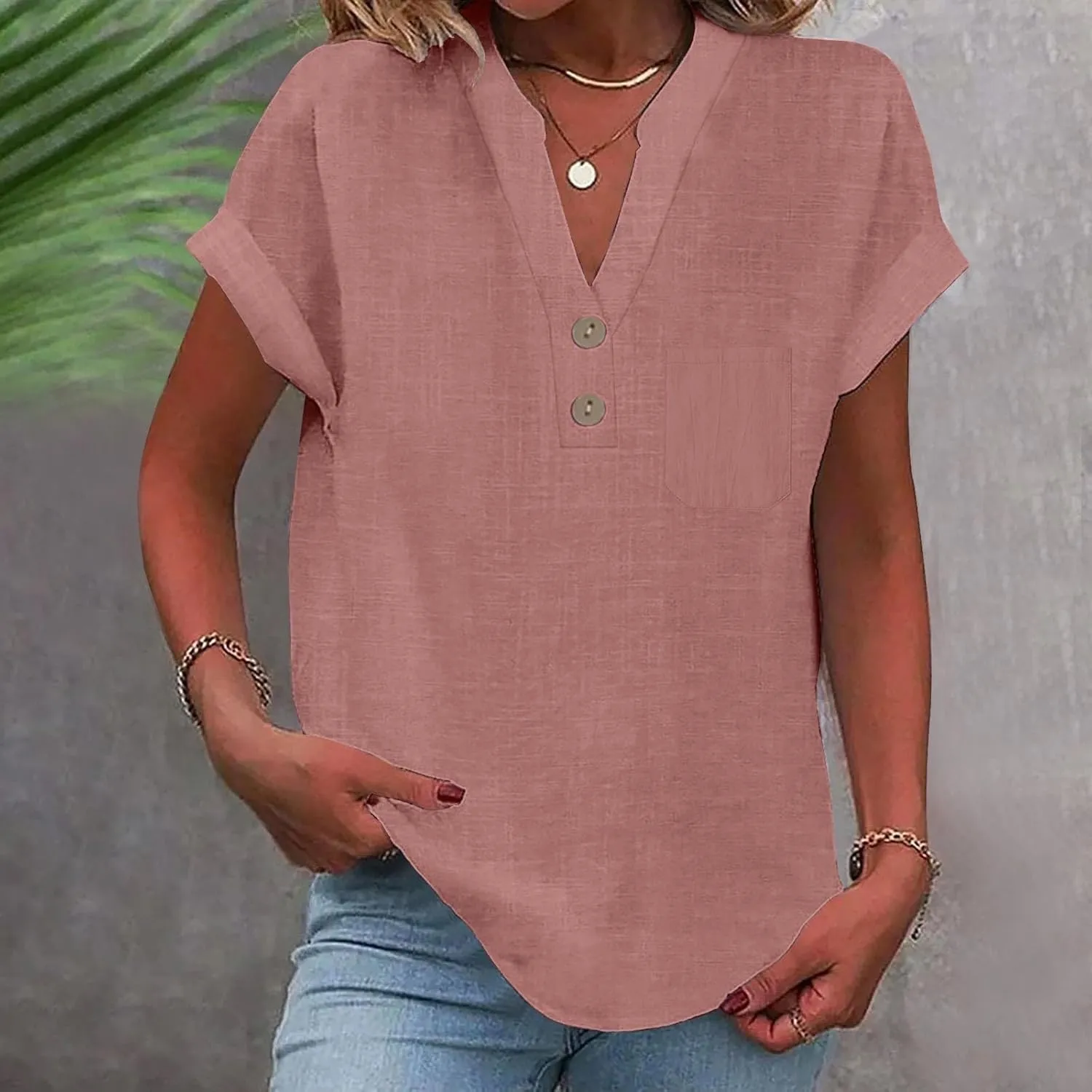 Summer Tops for Women Trendy 2025 Cotton Linen Button Down T-Shirts V Neck Short Sleeve Blouses Casual Tunic Outfits