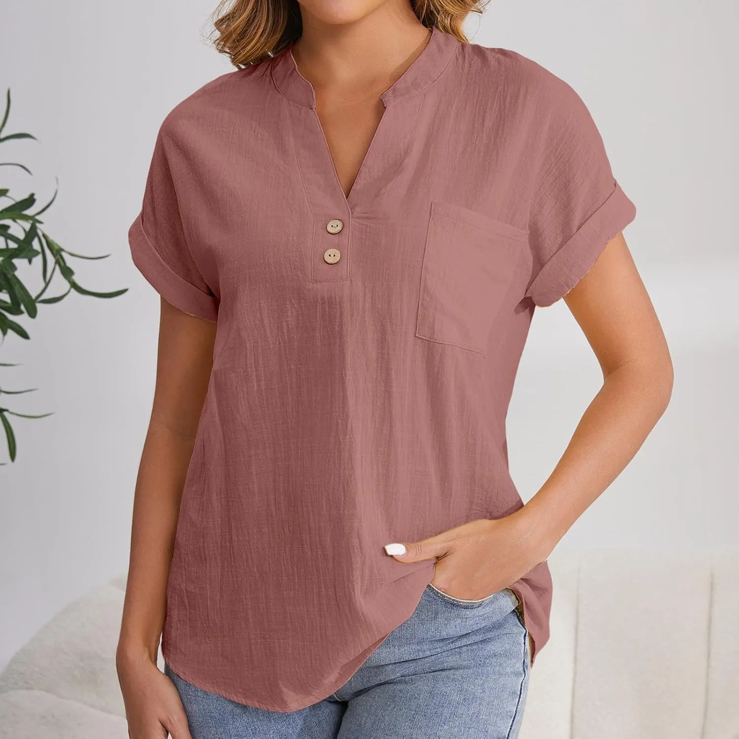 Summer Tops for Women Trendy 2025 Cotton Linen Button Down T-Shirts V Neck Short Sleeve Blouses Casual Tunic Outfits