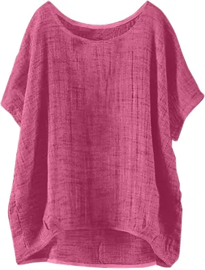 Summer Women Cotton Linen Tops Trendy Short Sleeve Casual Tshirt Oversized Loose Fit Crewneck Blouse High Low Hem Tees