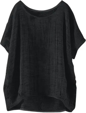 Summer Women Cotton Linen Tops Trendy Short Sleeve Casual Tshirt Oversized Loose Fit Crewneck Blouse High Low Hem Tees