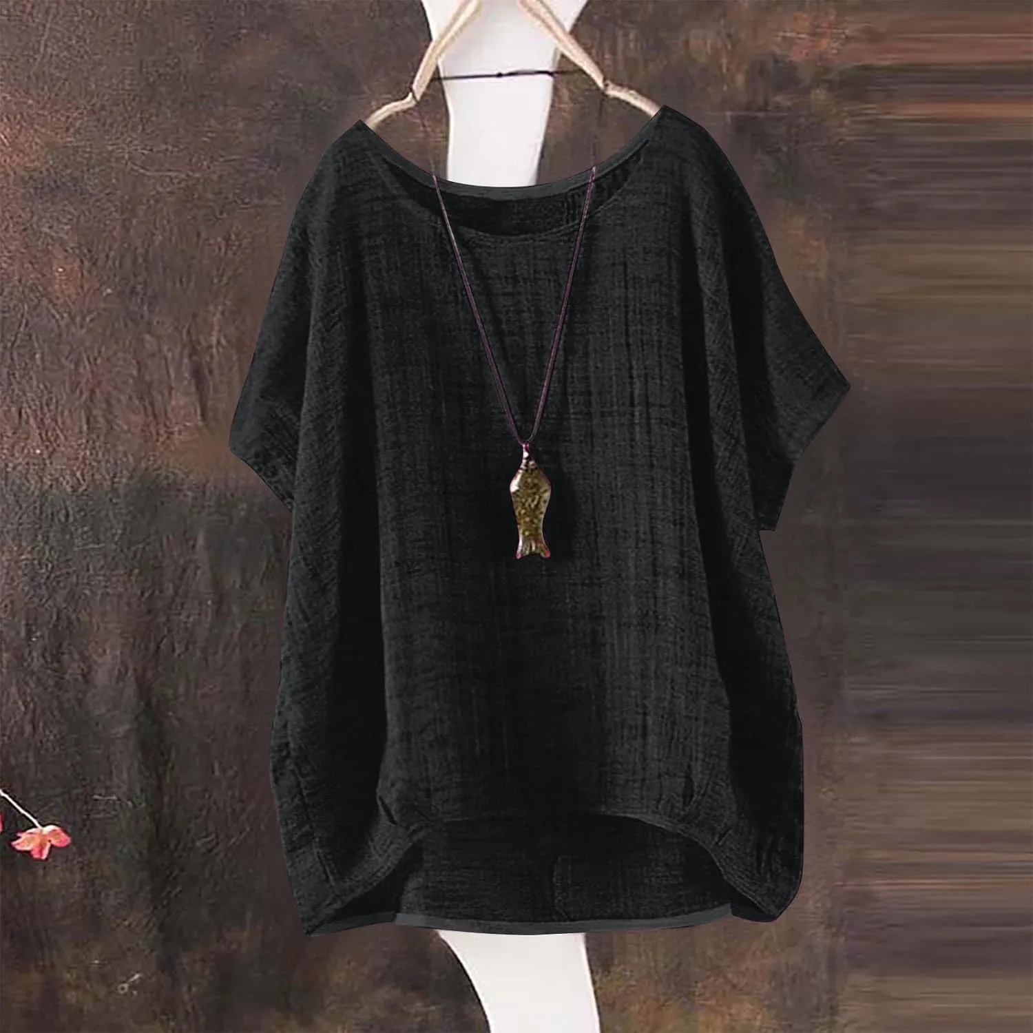 Summer Women Cotton Linen Tops Trendy Short Sleeve Casual Tshirt Oversized Loose Fit Crewneck Blouse High Low Hem Tees