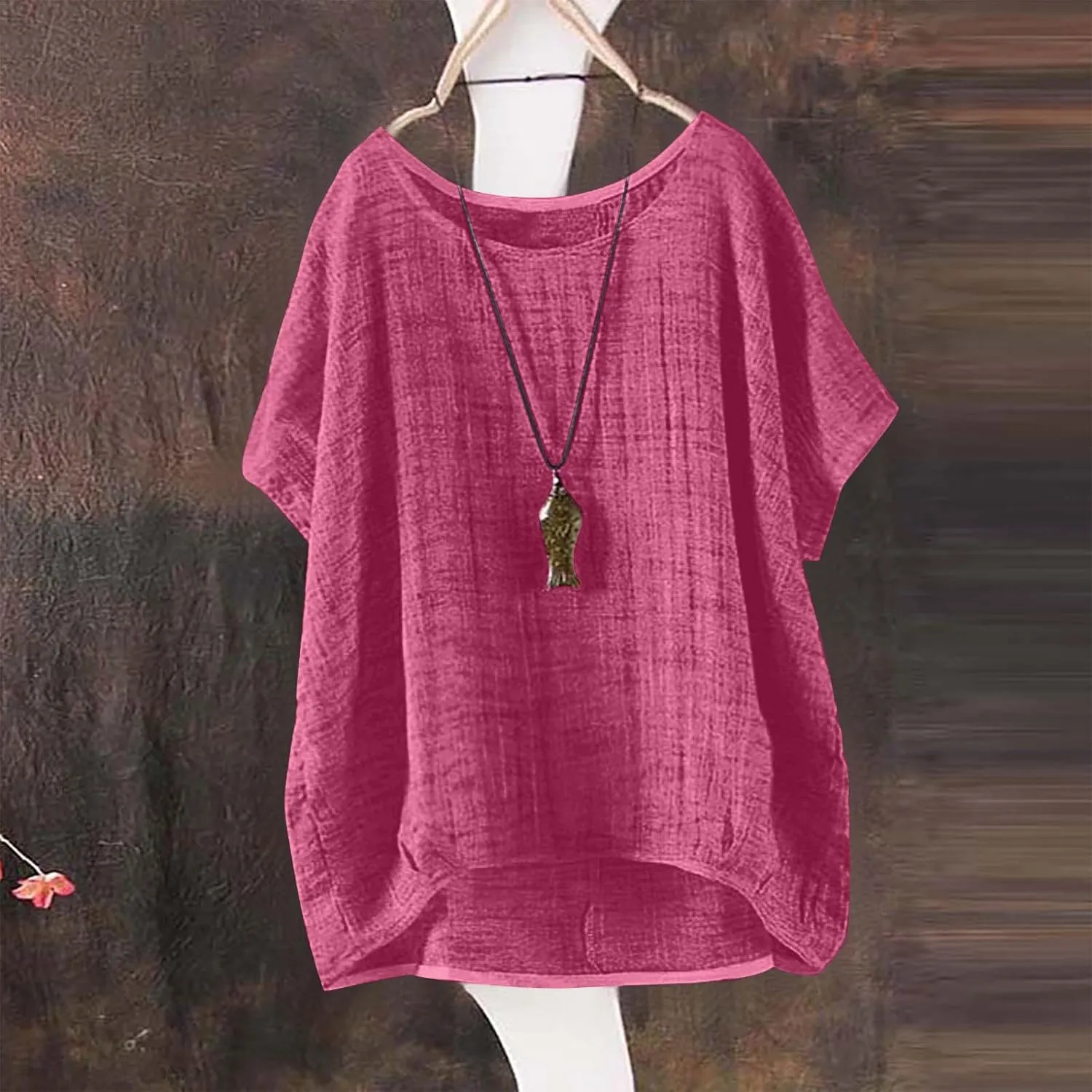 Summer Women Cotton Linen Tops Trendy Short Sleeve Casual Tshirt Oversized Loose Fit Crewneck Blouse High Low Hem Tees