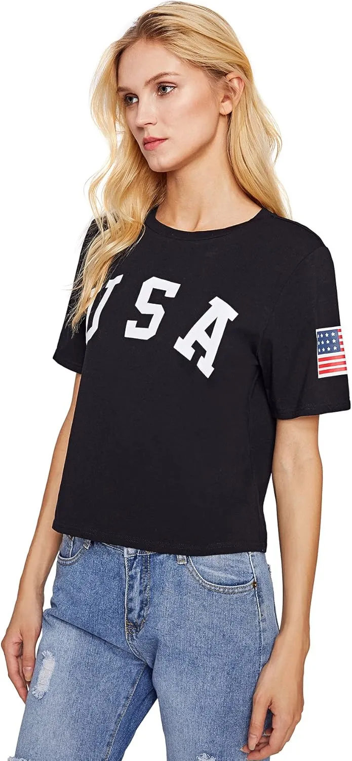 SweatyRocks Women's Letter Print Crop Tops Summer Short Sleeve T-Shirt