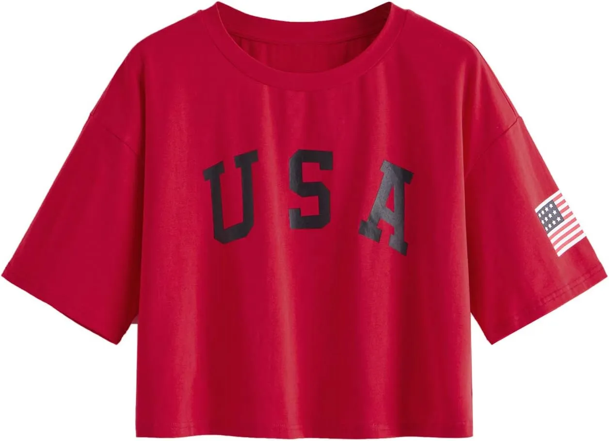 SweatyRocks Women's Letter Print Crop Tops Summer Short Sleeve T-Shirt