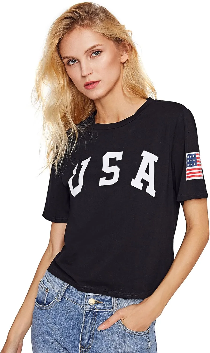 SweatyRocks Women's Letter Print Crop Tops Summer Short Sleeve T-Shirt