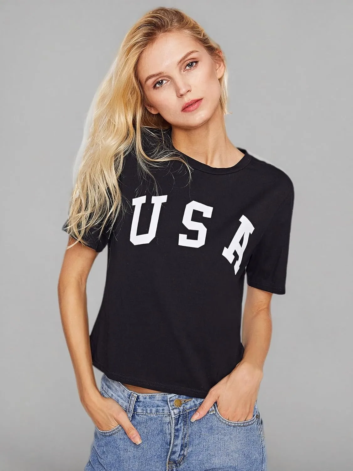 SweatyRocks Women's Letter Print Crop Tops Summer Short Sleeve T-Shirt