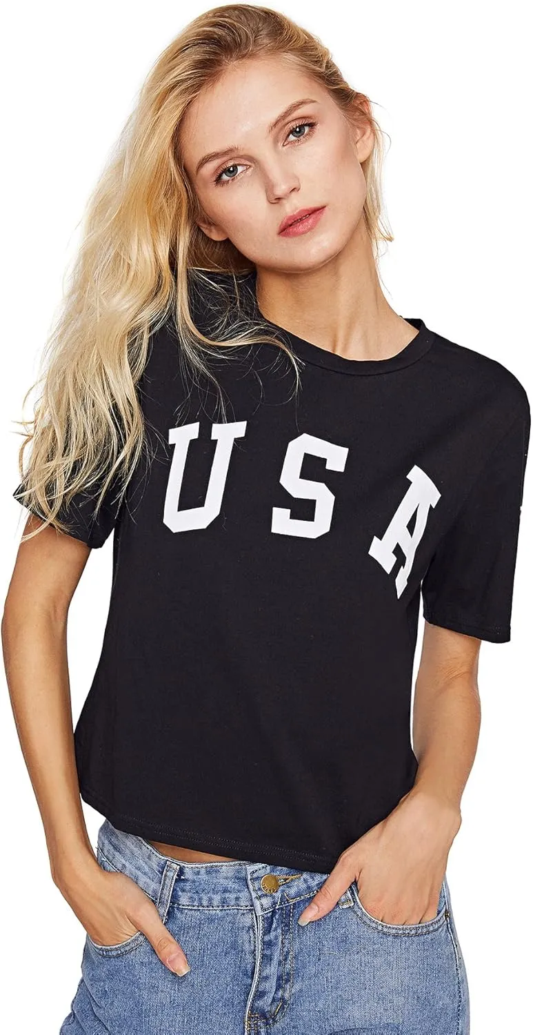 SweatyRocks Women's Letter Print Crop Tops Summer Short Sleeve T-Shirt