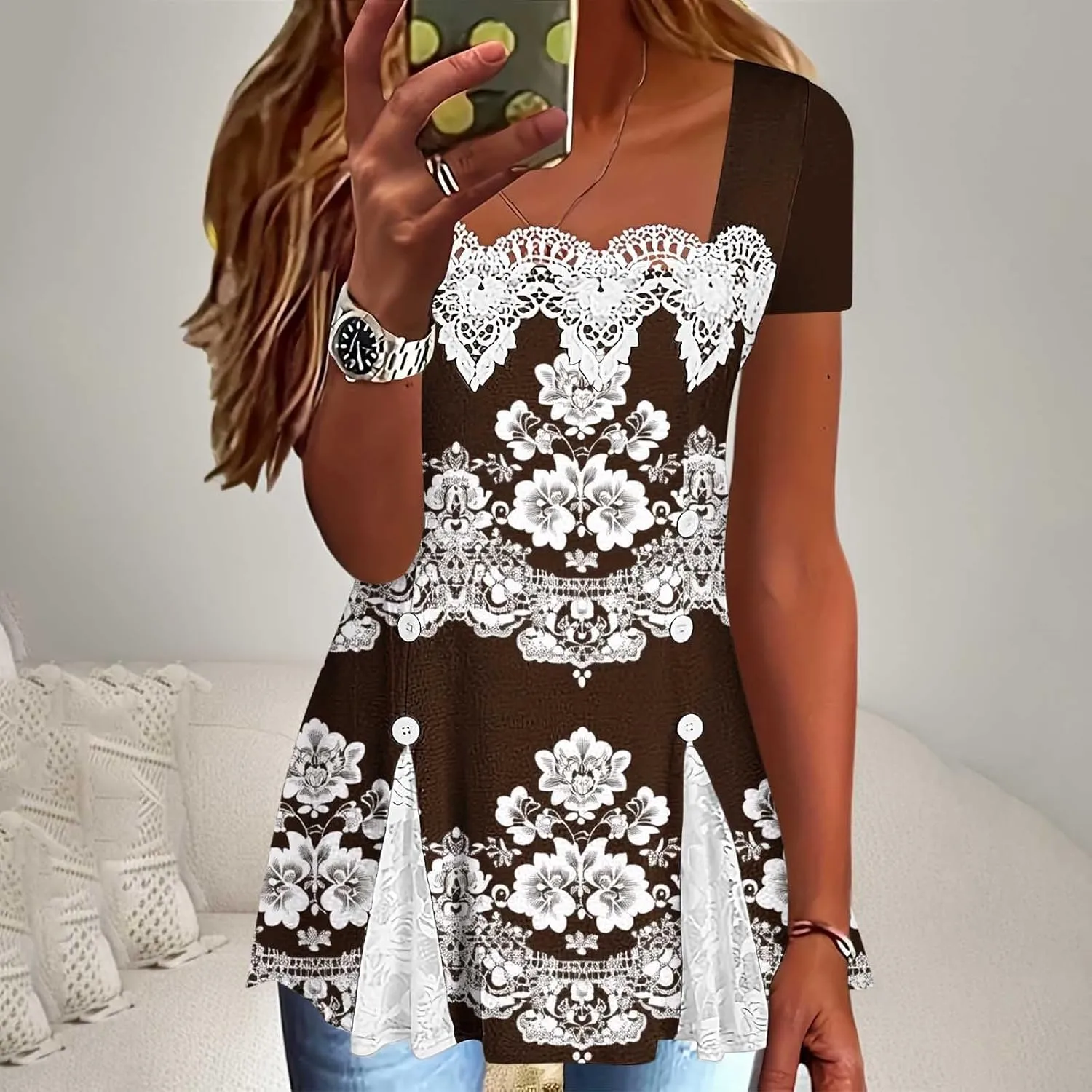 T Shirts for Women Fashion Lace Patchwork Casual Lightweight Summer Short Sleeve Tops Crewneck Elegant Tunic Blouse