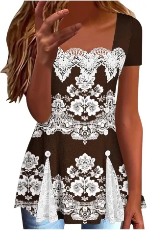 T Shirts for Women Fashion Lace Patchwork Casual Lightweight Summer Short Sleeve Tops Crewneck Elegant Tunic Blouse
