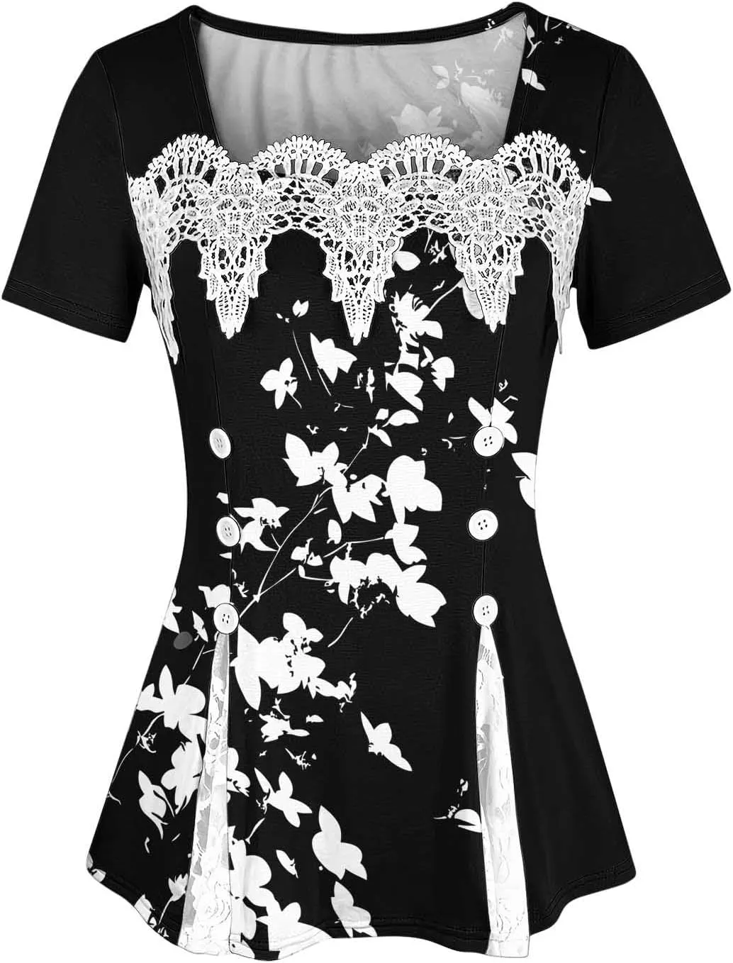 T Shirts for Women Fashion Lace Patchwork Casual Lightweight Summer Short Sleeve Tops Crewneck Elegant Tunic Blouse