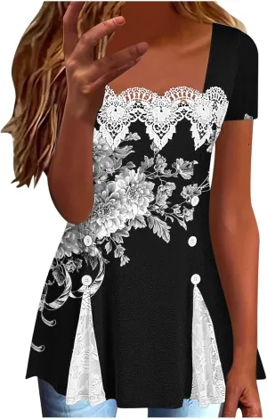 T Shirts for Women Fashion Lace Patchwork Casual Lightweight Summer Short Sleeve Tops Crewneck Elegant Tunic Blouse