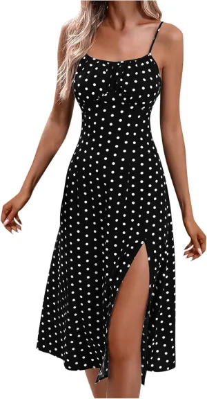 TANGNADE Corset Dress for Women Summer Spaghetti Straps Square Neck Casual Boho Midi Dress Flowy Slit Bustier Dresses