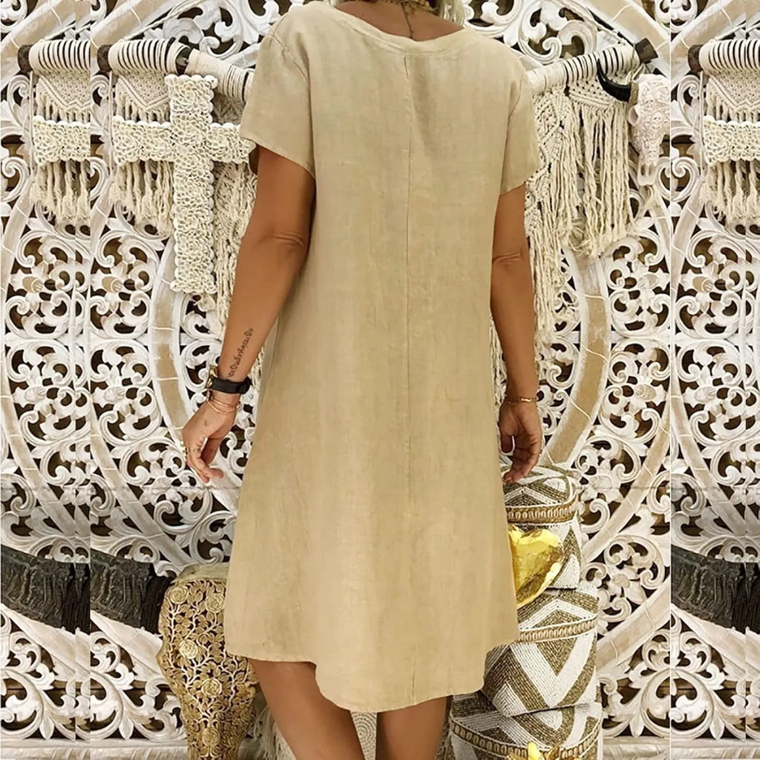 TANGNADE Women Summer Cotton Linen Midi Dresses V Neck Short Sleeve Causal Loose Beach Cover Ups Tshirt Sundress