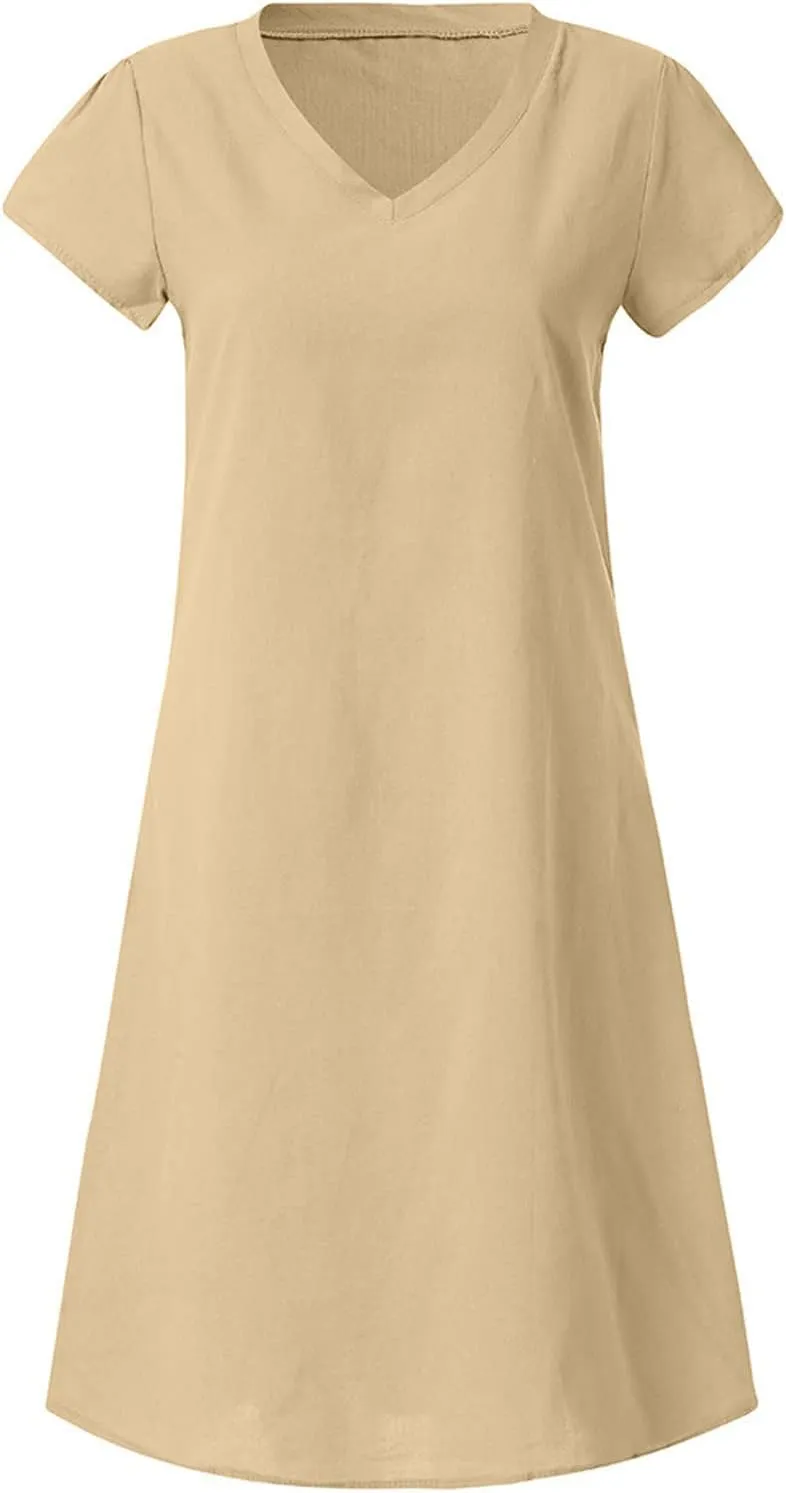 TANGNADE Women Summer Cotton Linen Midi Dresses V Neck Short Sleeve Causal Loose Beach Cover Ups Tshirt Sundress