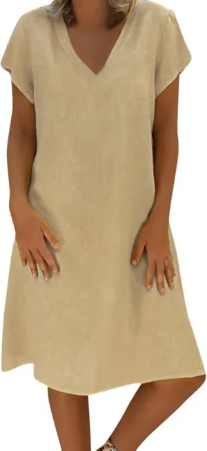 TANGNADE Women Summer Cotton Linen Midi Dresses V Neck Short Sleeve Causal Loose Beach Cover Ups Tshirt Sundress