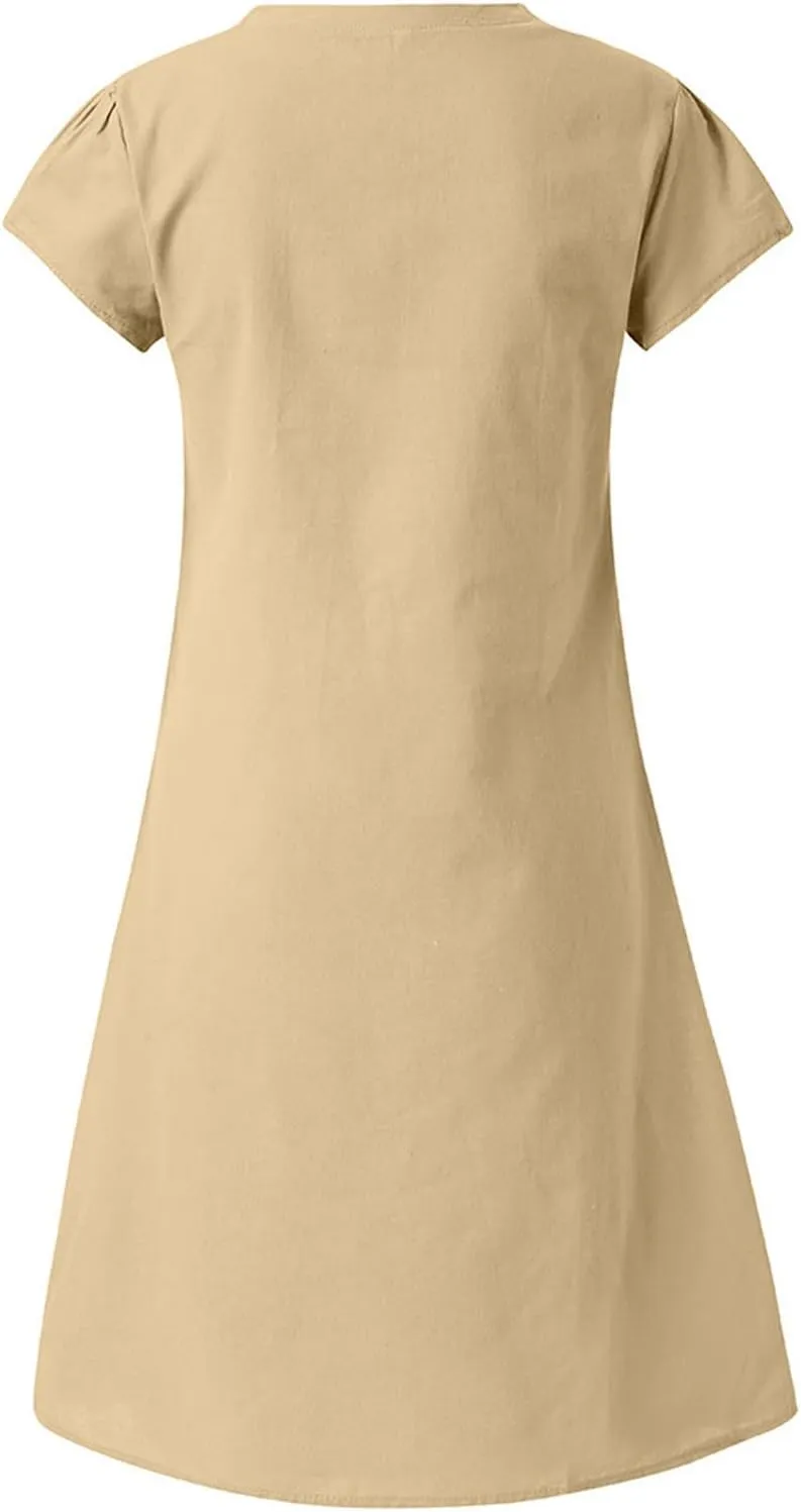 TANGNADE Women Summer Cotton Linen Midi Dresses V Neck Short Sleeve Causal Loose Beach Cover Ups Tshirt Sundress