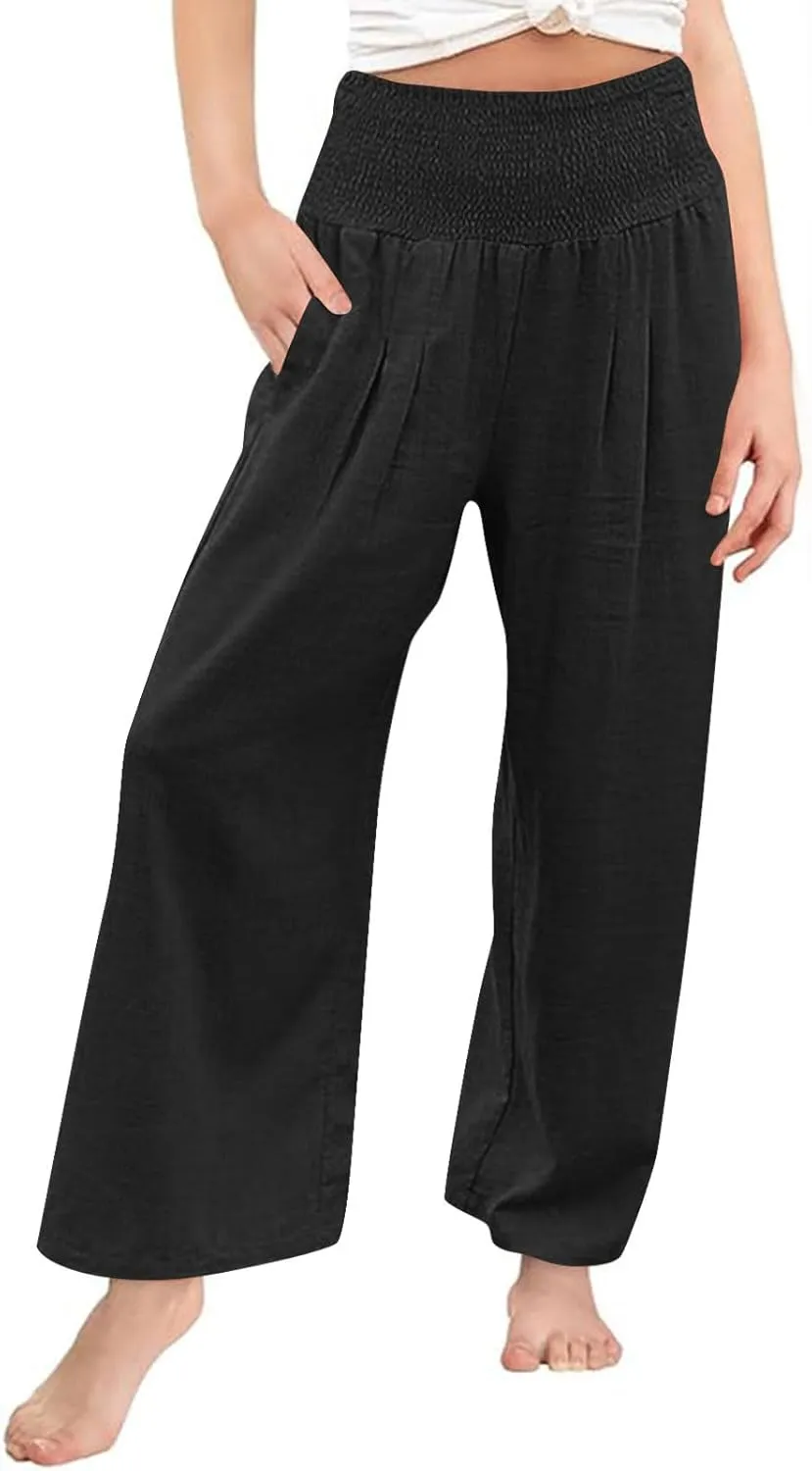 Teen Girls Cotton Linen Palazzo Pants Kids Beach Travel Resort Trousers Summer High Waist Casual Wide Leg Lounge Pant