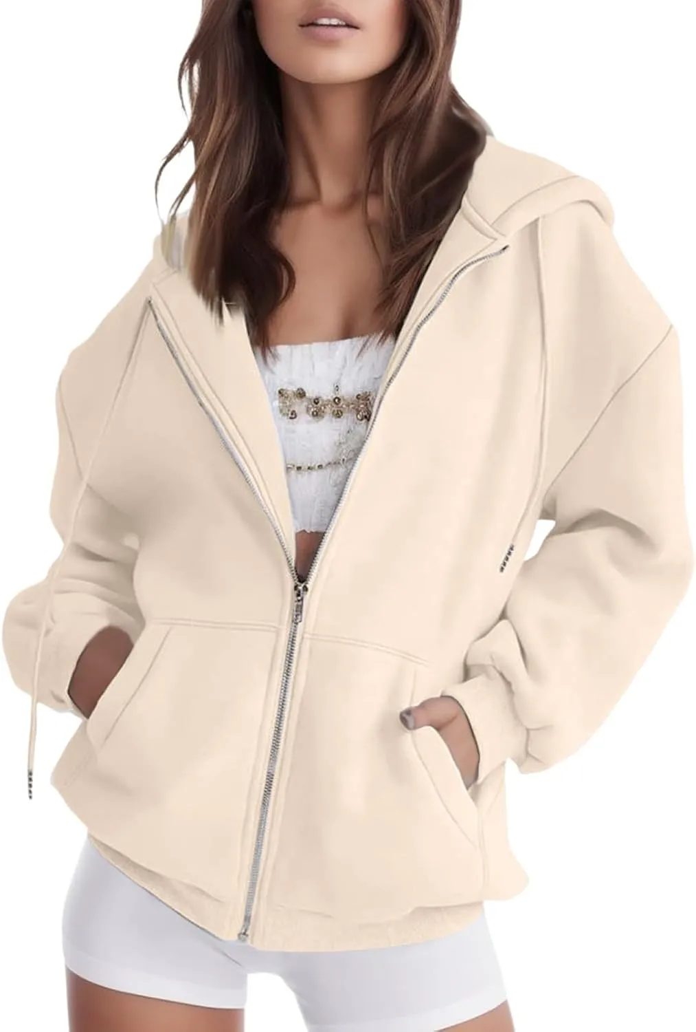 Thin Zip Up Sweaters for Women, Women's Casual Zip Up Hoodie Jacket Zip Up Long Sleeve Oversized Drawstring Hoodie 03-Beige,XX-Large