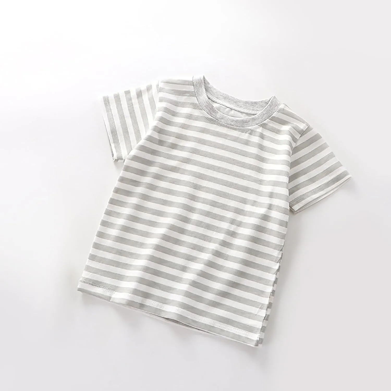 Toddler Kids Boys and Girls Short Sleeved Striped T Shirt Plain Cotton Soft Crewneck Classic Summer Casual Tees
