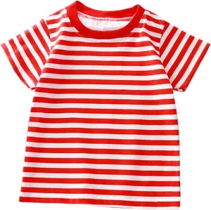 Toddler Kids Boys and Girls Short Sleeved Striped T Shirt Plain Cotton Soft Crewneck Classic Summer Casual Tees