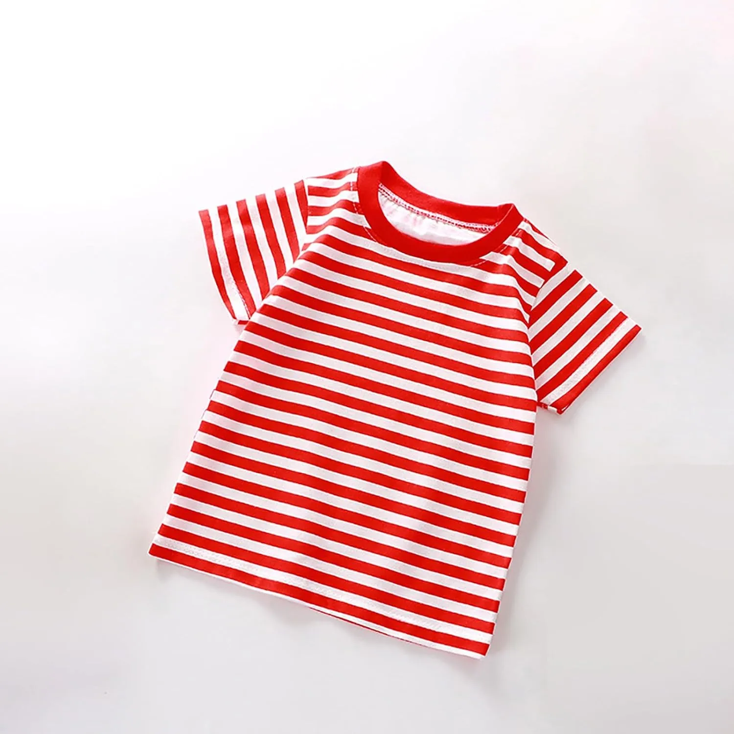 Toddler Kids Boys and Girls Short Sleeved Striped T Shirt Plain Cotton Soft Crewneck Classic Summer Casual Tees