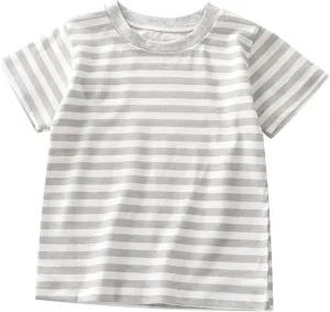 Toddler Kids Boys and Girls Short Sleeved Striped T Shirt Plain Cotton Soft Crewneck Classic Summer Casual Tees