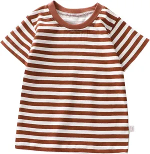Toddler Kids Boys and Girls Short Sleeved Striped T Shirt Plain Cotton Soft Crewneck Classic Summer Casual Tees