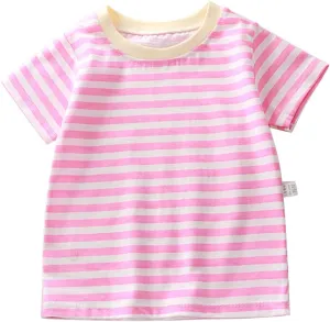 Toddler Kids Boys and Girls Short Sleeved Striped T Shirt Plain Cotton Soft Crewneck Classic Summer Casual Tees
