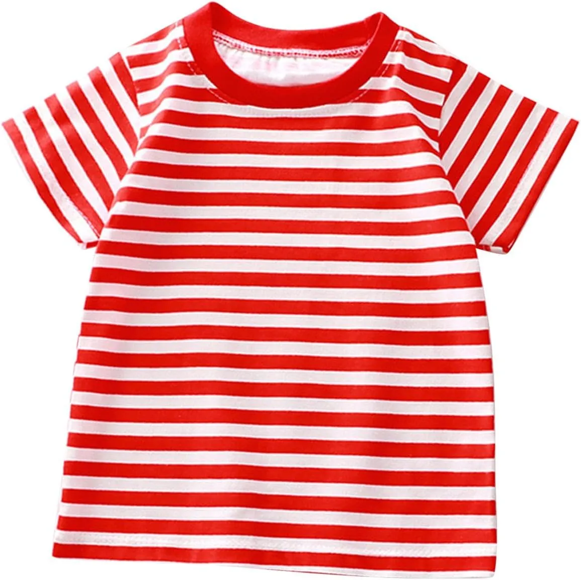 Toddler Kids Boys and Girls Short Sleeved Striped T Shirt Plain Cotton Soft Crewneck Classic Summer Casual Tees