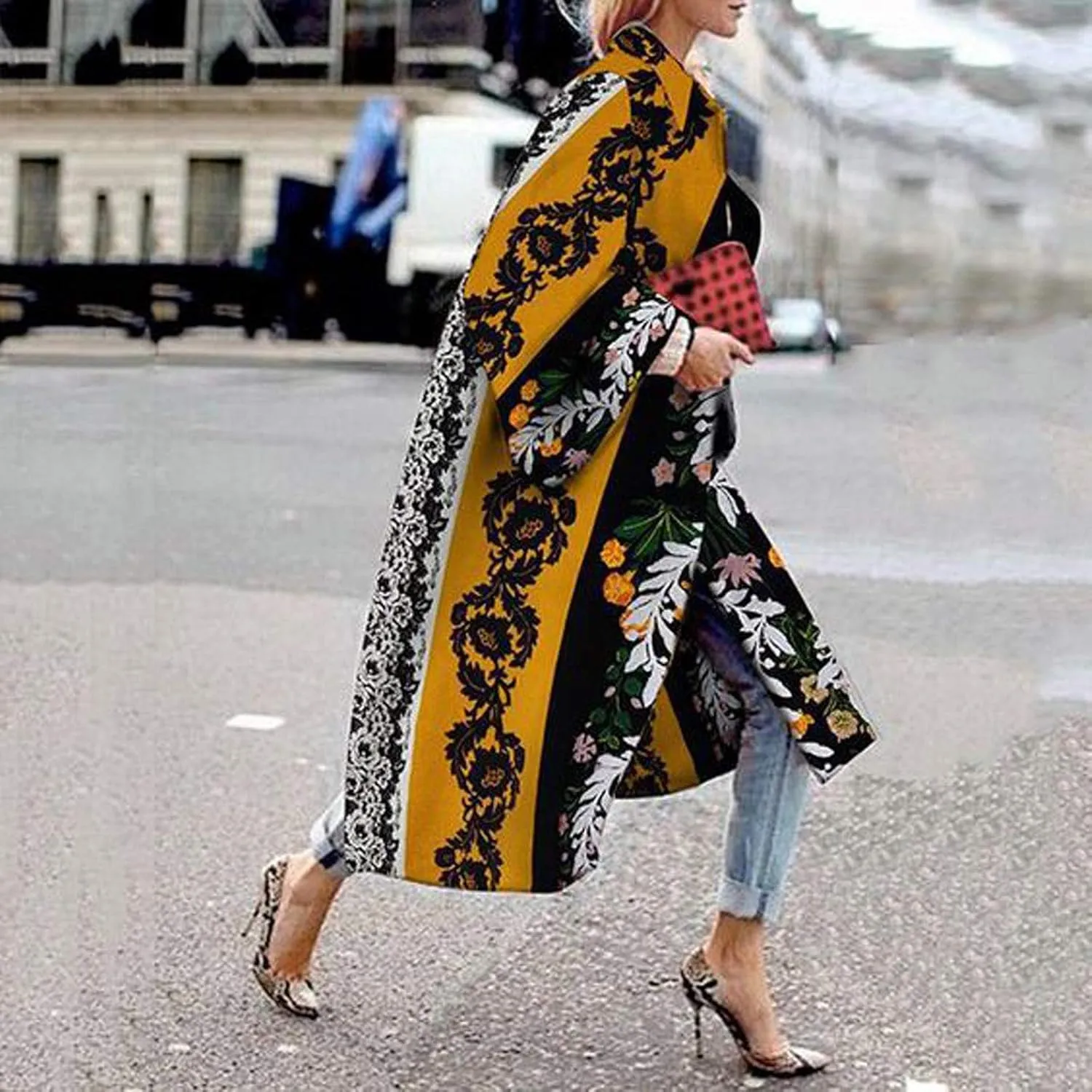 Trench Coat for Women's Oversized Fashion Printed Jackets Boho Long Cardigans Casual Open Front Coats Outerwear