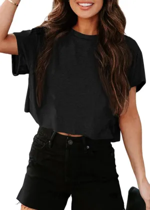 UNCLECAT Women's Cropped T Shirts Trendy Short Sleeve Crew Neck Crop Tops Solid Basic Tee