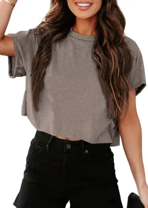 UNCLECAT Women's Cropped T Shirts Trendy Short Sleeve Crew Neck Crop Tops Solid Basic Tee