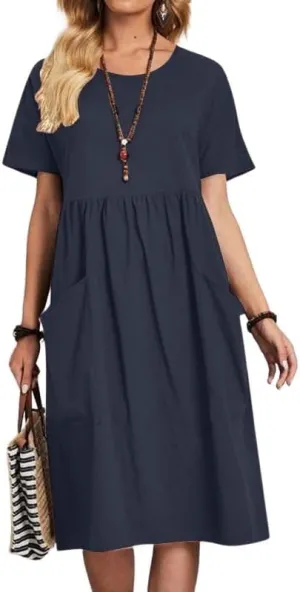utcoco Womens Summer Cotton Linen T Shirt Dress Casual Loose Fit Crewneck Short Sleeve Midi Dresses with Pockets