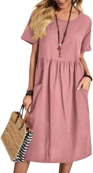 utcoco Womens Summer Cotton Linen T Shirt Dress Casual Loose Fit Crewneck Short Sleeve Midi Dresses with Pockets