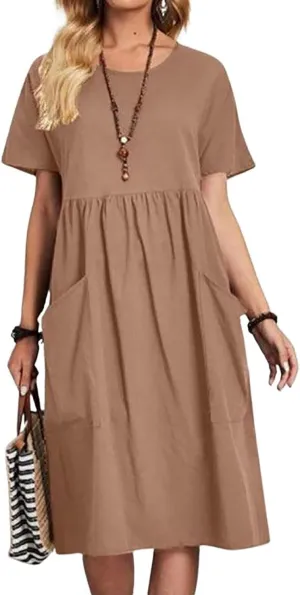 utcoco Womens Summer Cotton Linen T Shirt Dress Casual Loose Fit Crewneck Short Sleeve Midi Dresses with Pockets