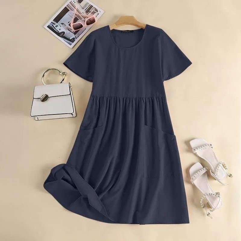 utcoco Womens Summer Cotton Linen T Shirt Dress Casual Loose Fit Crewneck Short Sleeve Midi Dresses with Pockets