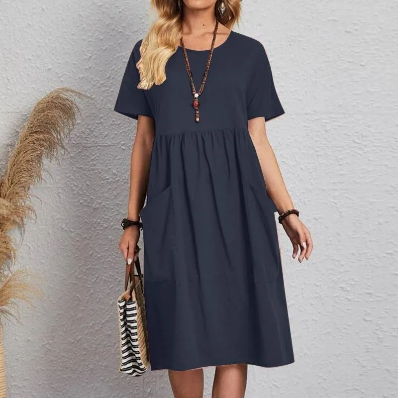 utcoco Womens Summer Cotton Linen T Shirt Dress Casual Loose Fit Crewneck Short Sleeve Midi Dresses with Pockets