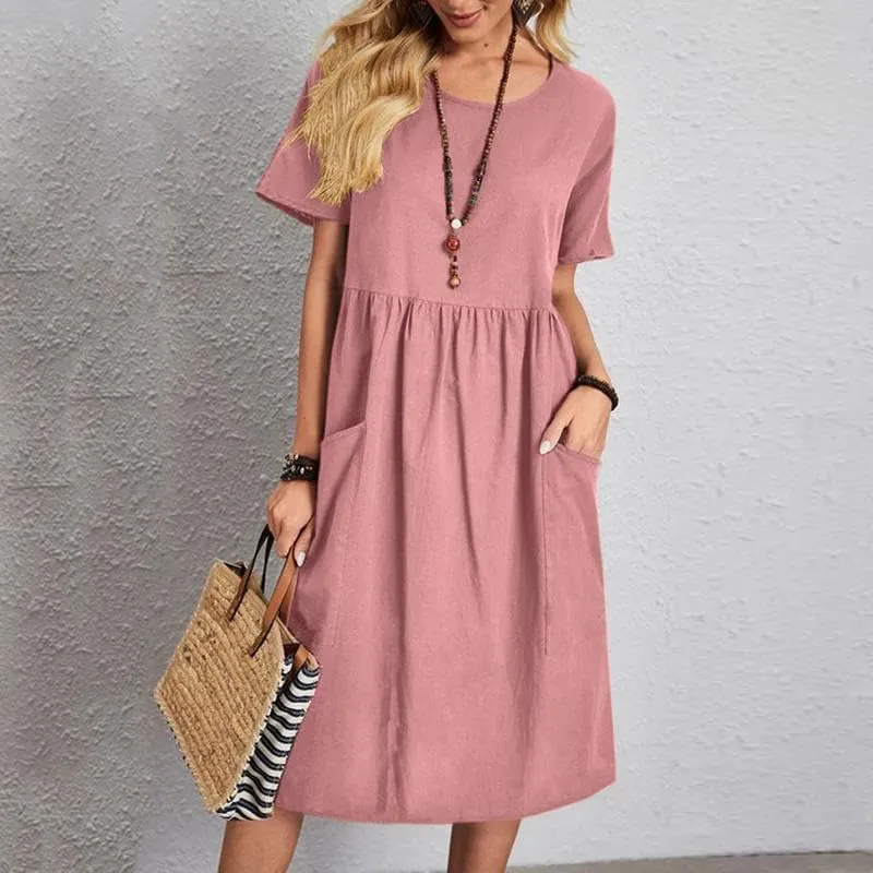 utcoco Womens Summer Cotton Linen T Shirt Dress Casual Loose Fit Crewneck Short Sleeve Midi Dresses with Pockets