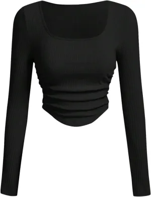 Verdusa Women's Ruched Asymmetrical Crop Tops Square Neck Long Sleeve T Shirts