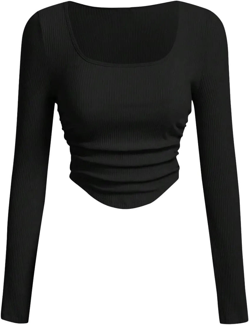 Verdusa Women's Ruched Asymmetrical Crop Tops Square Neck Long Sleeve T Shirts