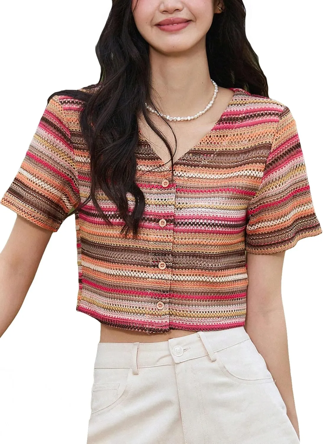 Verdusa Women's Striped Crop Tops Button Front V Neck Short Sleeve Tee Top