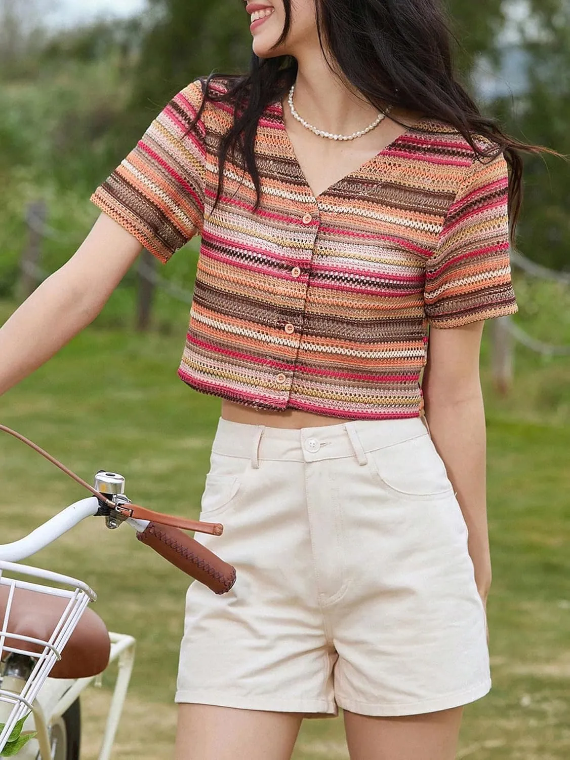 Verdusa Women's Striped Crop Tops Button Front V Neck Short Sleeve Tee Top