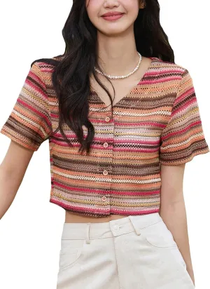 Verdusa Women's Striped Crop Tops Button Front V Neck Short Sleeve Tee Top