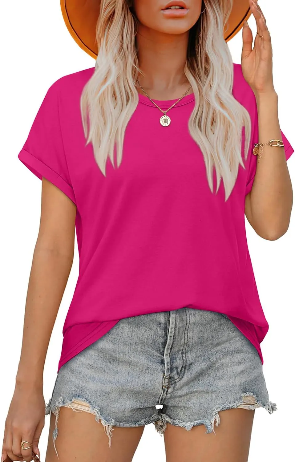 WEESO Womens T Shirts Crew Neck Rolled Short Sleeve Basic Summer Tops 2025 Casual Tees Curved Hem