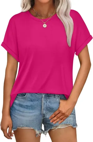 WEESO Womens T Shirts Crew Neck Rolled Short Sleeve Basic Summer Tops 2025 Casual Tees Curved Hem