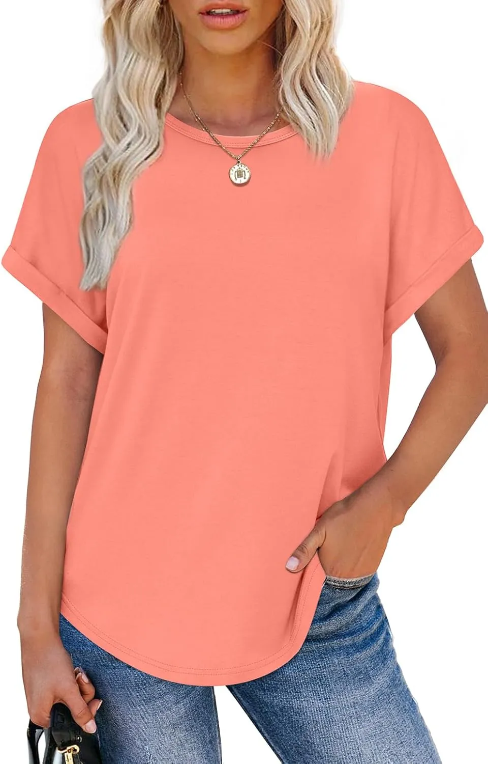 WEESO Womens T Shirts Crew Neck Rolled Short Sleeve Basic Summer Tops 2025 Casual Tees Curved Hem